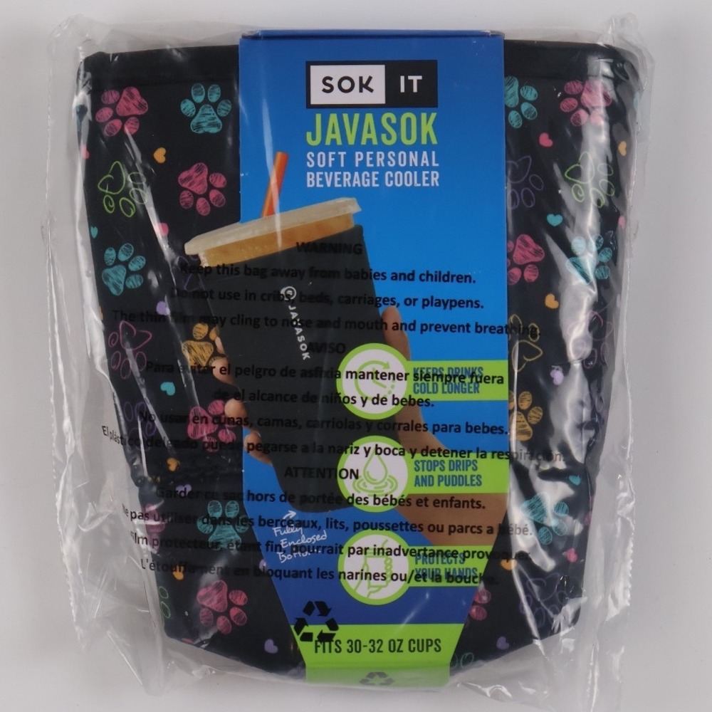 Sok It JavaSok Beverage Cooler Large 30-32oz Paw Prints Black Neoprene NWT